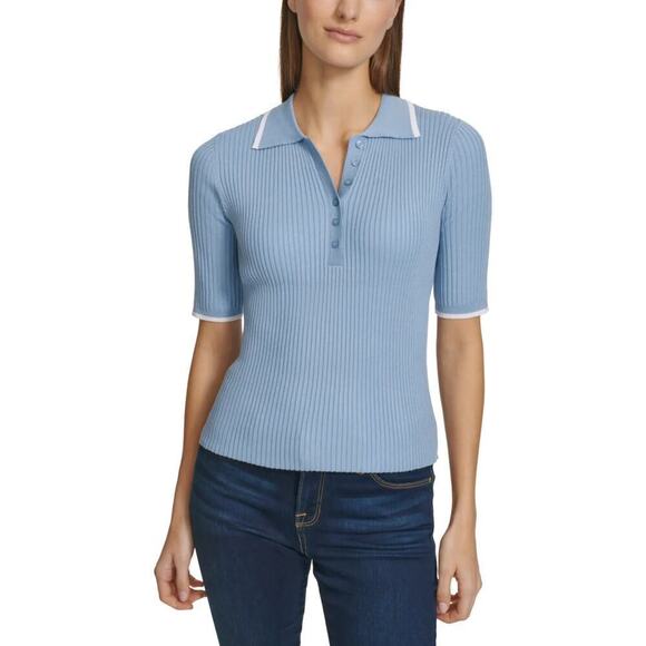 New! Calvin Klein Women's Ribbed Top Quarter Button Collared Polo Shirt - Picture 1 of 4